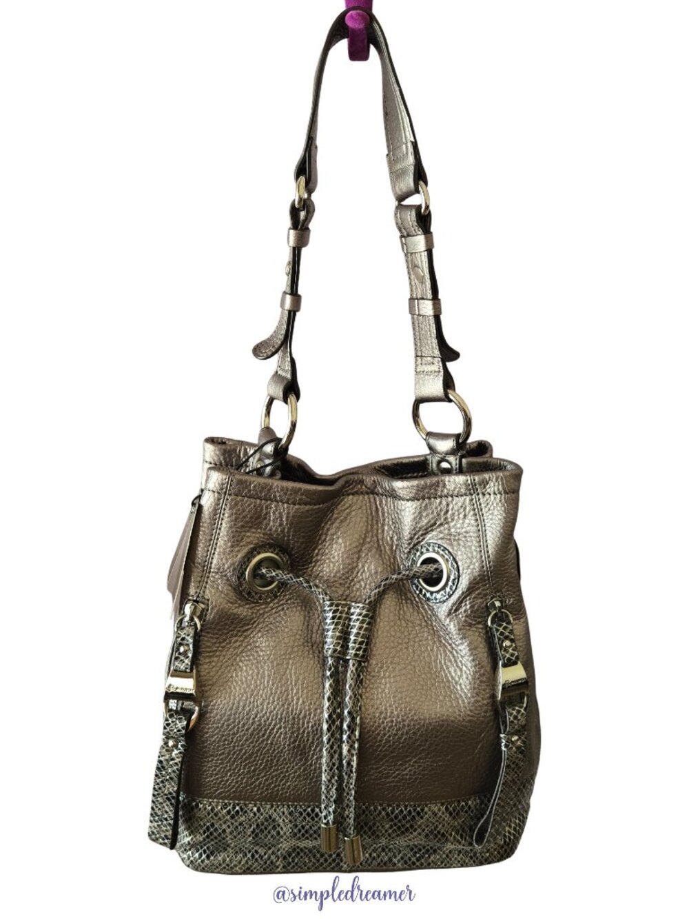 B. Makowsky Melanie Drawstring Bucket Bag NWT Pewter Metallic Leather Snake Trim